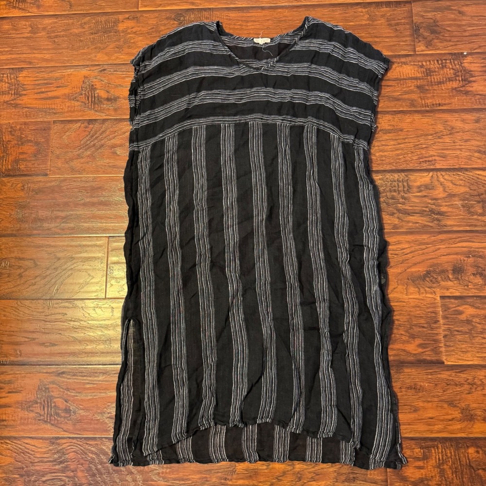 Organic Linen Striped Midi Dress Cover-Up L/XL Black White Organic Eileen Fisher